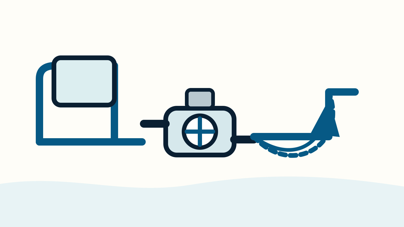 A blue hose forms a dashed loop from a white pump through a tank and right-side tap