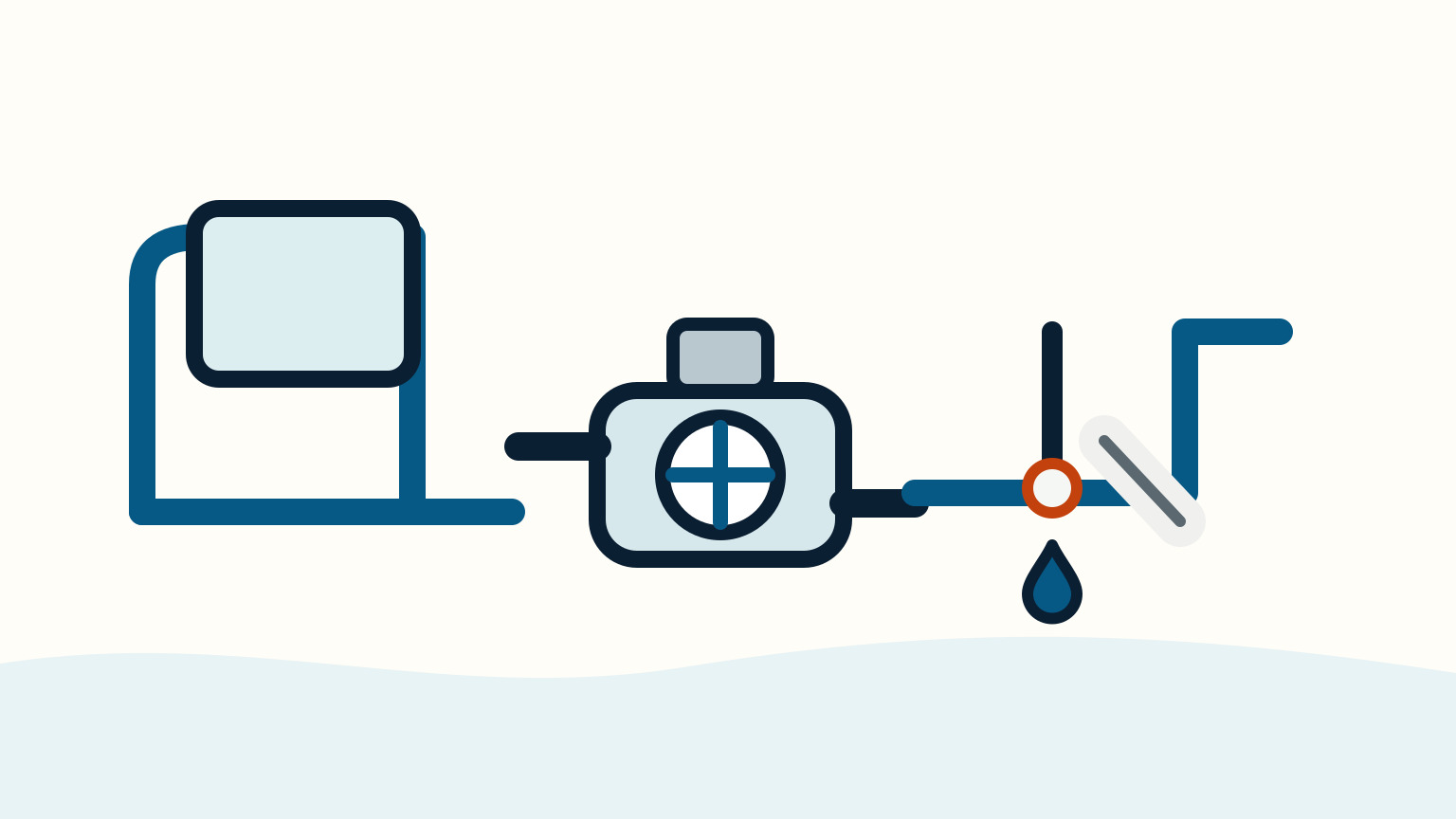 A grey hose joint and white cloth sit below a blue freshwater line with one blue water drop