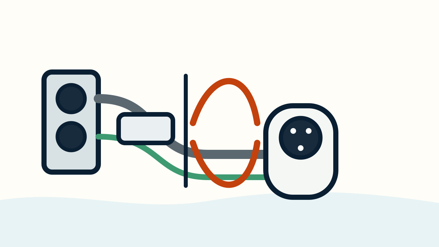 A grey shore-power path with a small box appears left of separated orange and blue transformer windings