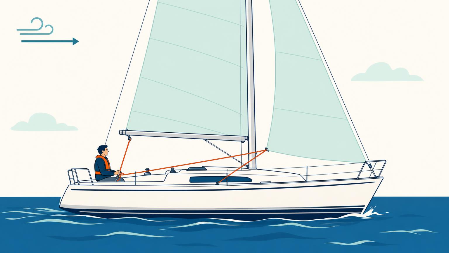 A mainsheet leads to the boom while two jib sheets lead from the jib’s lower back corner toward the cockpit.