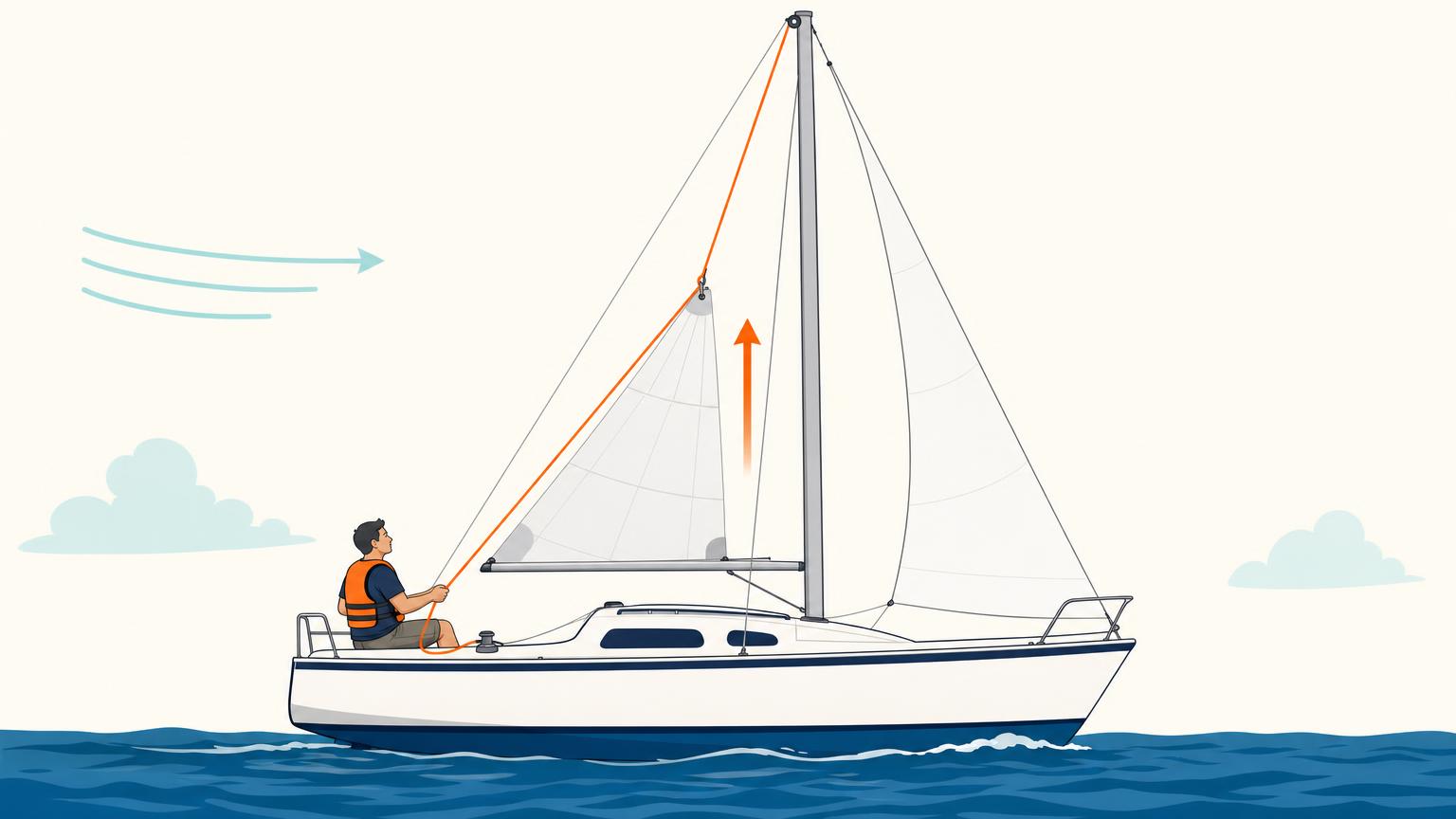 A halyard runs from the deck up the mast to the top corner of a partly raised sail.