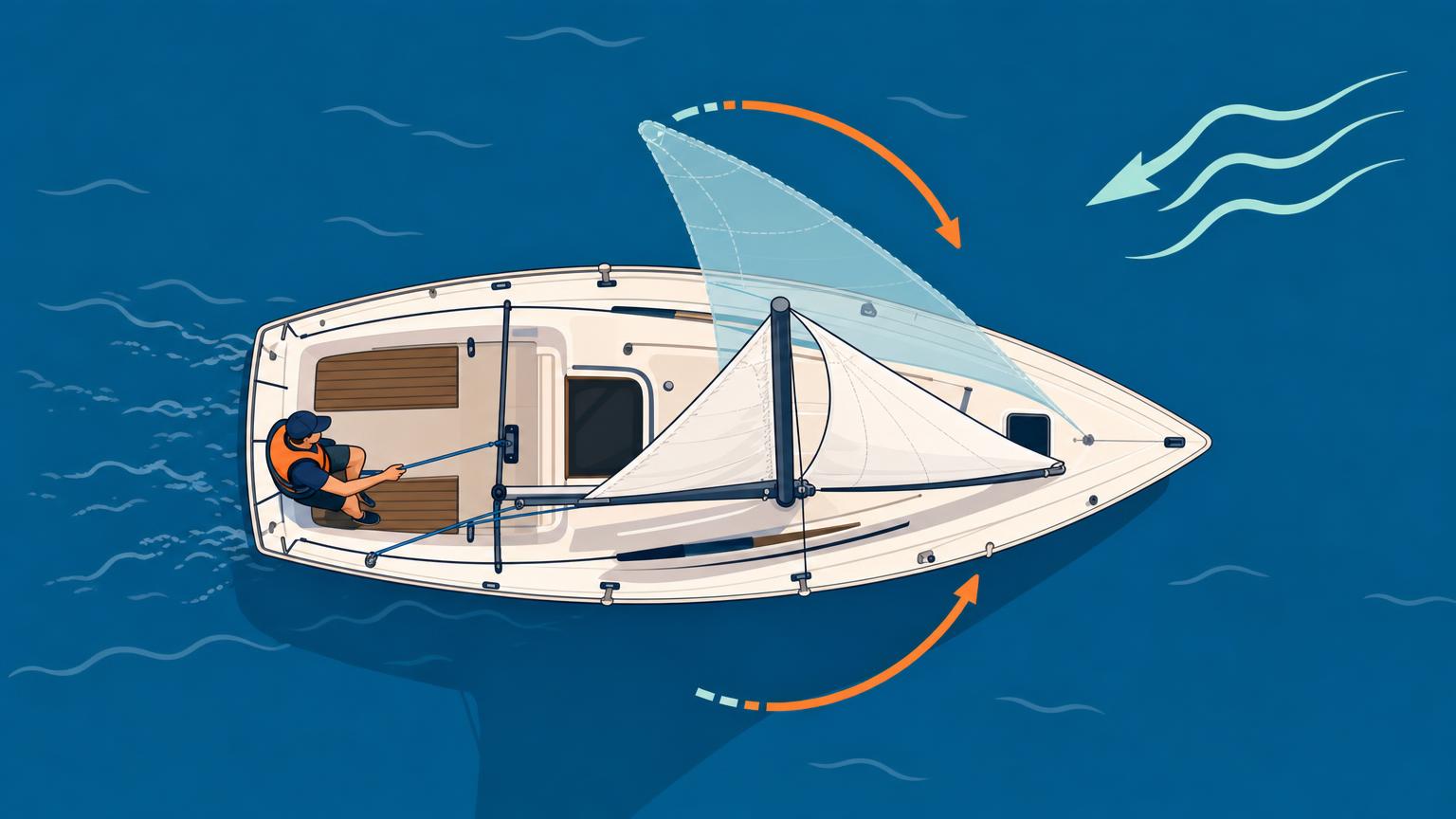 Overhead view showing a sheet moving a sail inward when pulled and outward when released.