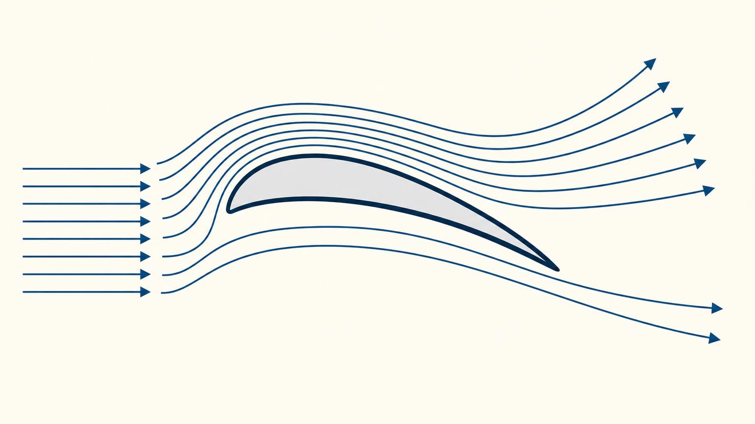 Cross-section of a curved sail bending airflow, with faster flow around the convex side and slower flow along the concave side