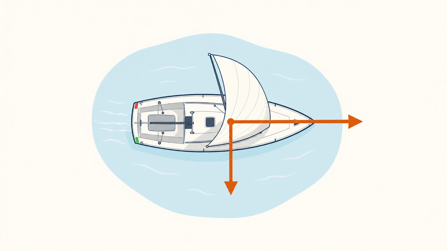 Top-down sailboat showing the sail’s total force divided into forward-driving and sideways components