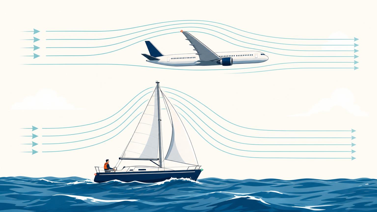 A sailboat crossing the wind beneath an airplane, showing the similar curved profiles of its sail and the aircraft wing