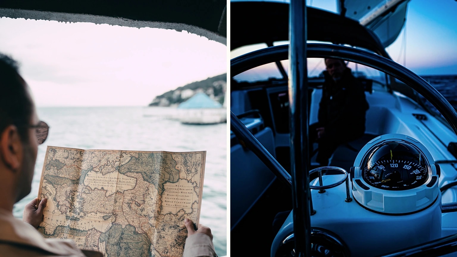 Chart, compass, and passage notes arranged in a sailboat cockpit