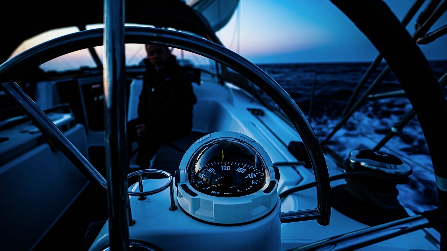 Cockpit instruments and compass aboard a moving sailboat