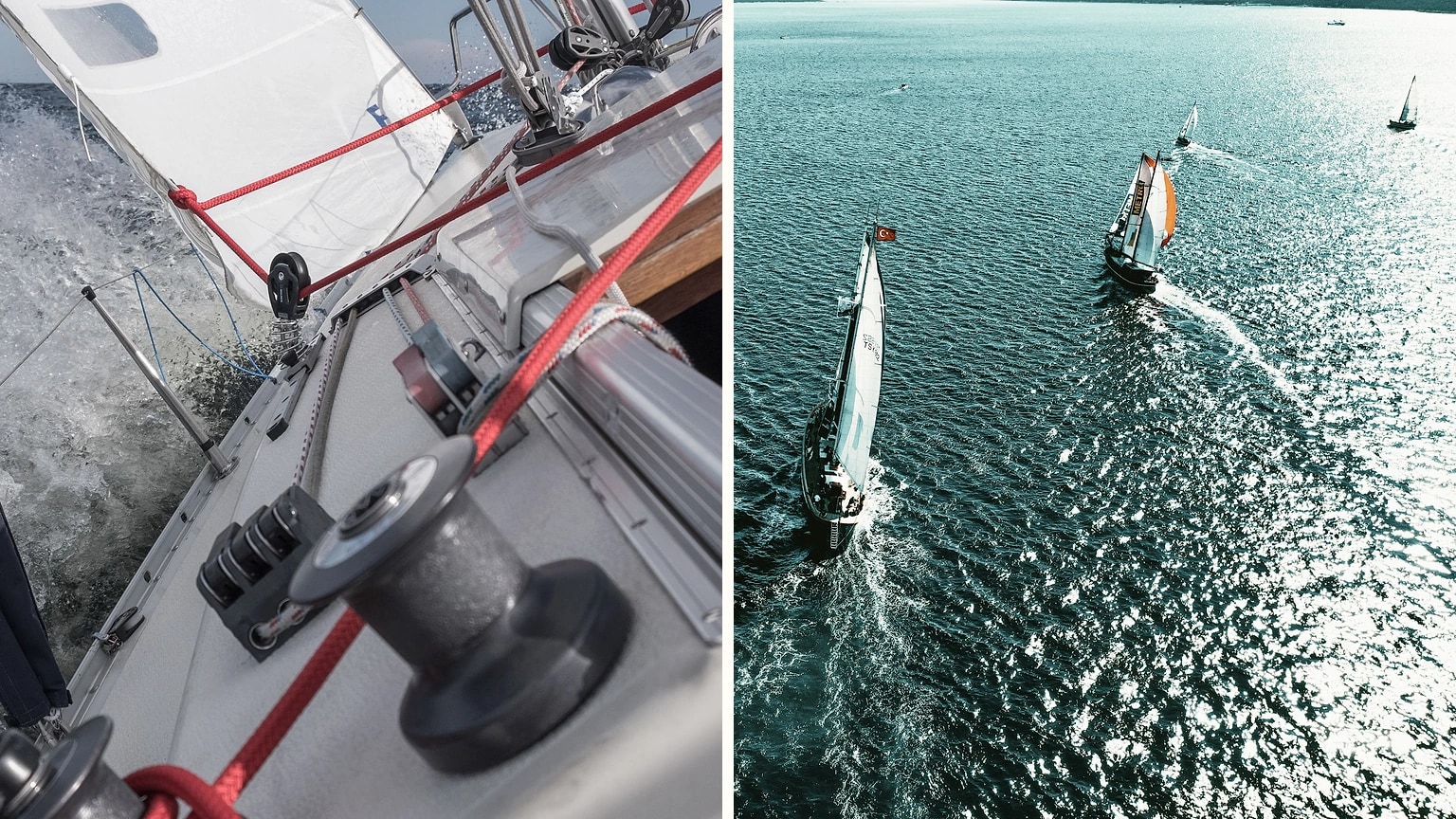 High-performance racing sailboats heeling in a fleet