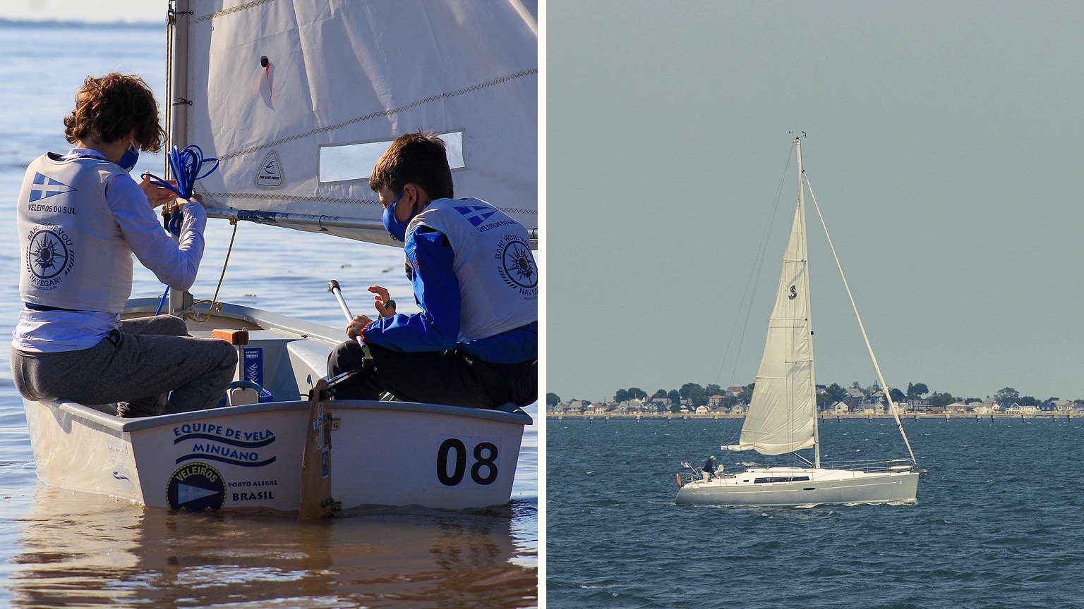 Two small sailboats shown in separate scenes near the coast
