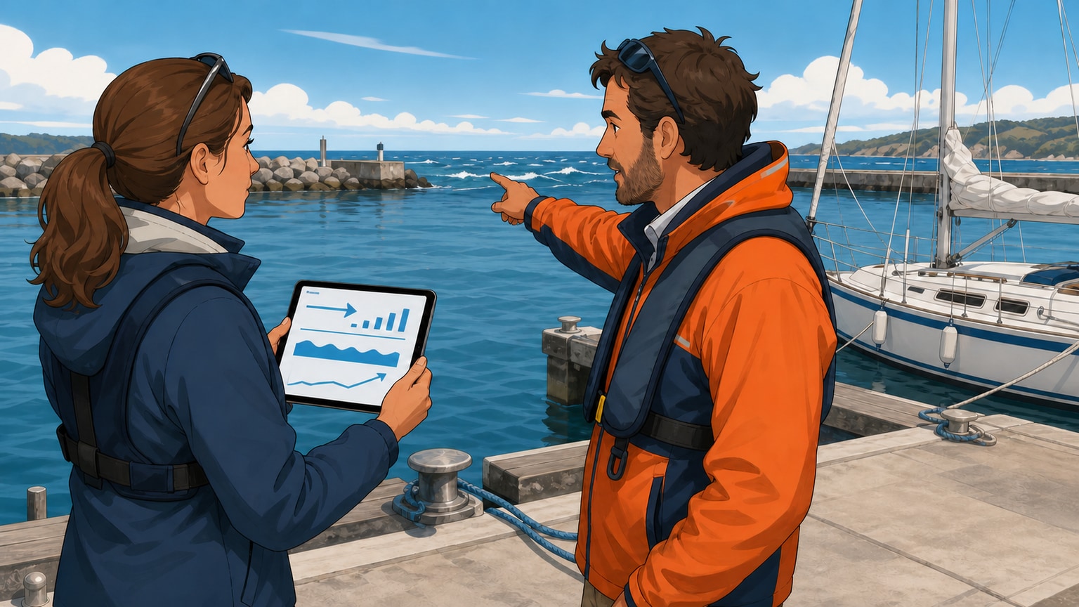 Beginner and skipper comparing a marine forecast with whitecaps outside the harbour