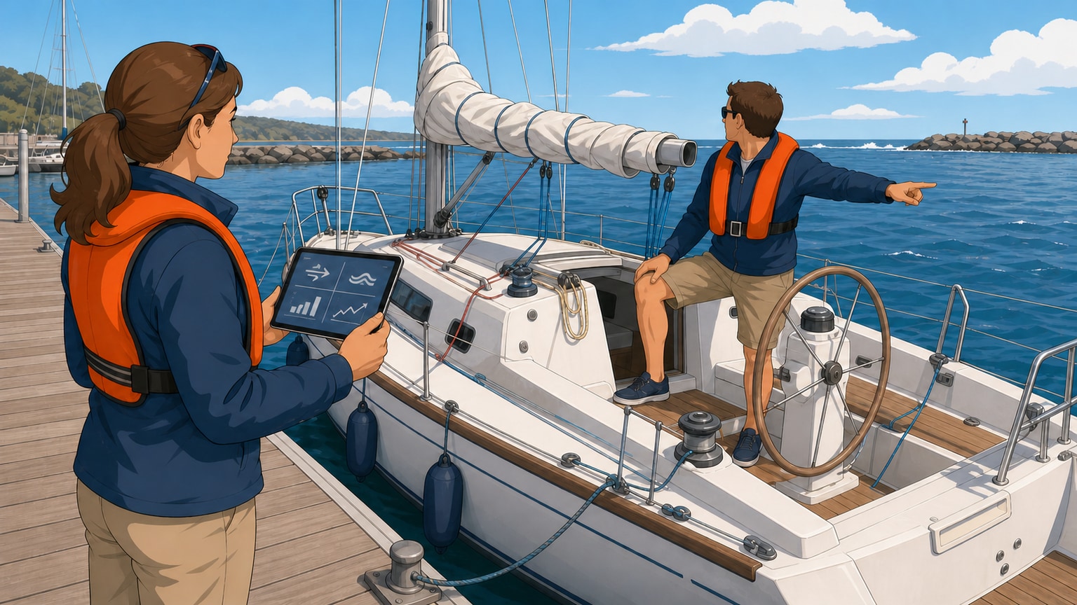 Crew rechecking the water and forecast from the dock before choosing whether to depart