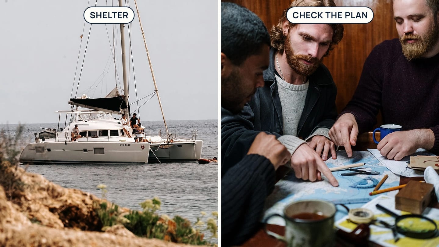 A sailboat on calm water appears beside people studying a map, with shelter and plan callouts.
