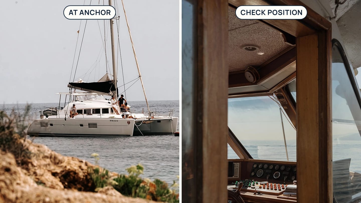 A sailboat on calm water appears beside a yacht console, with callouts for anchoring and checking position.