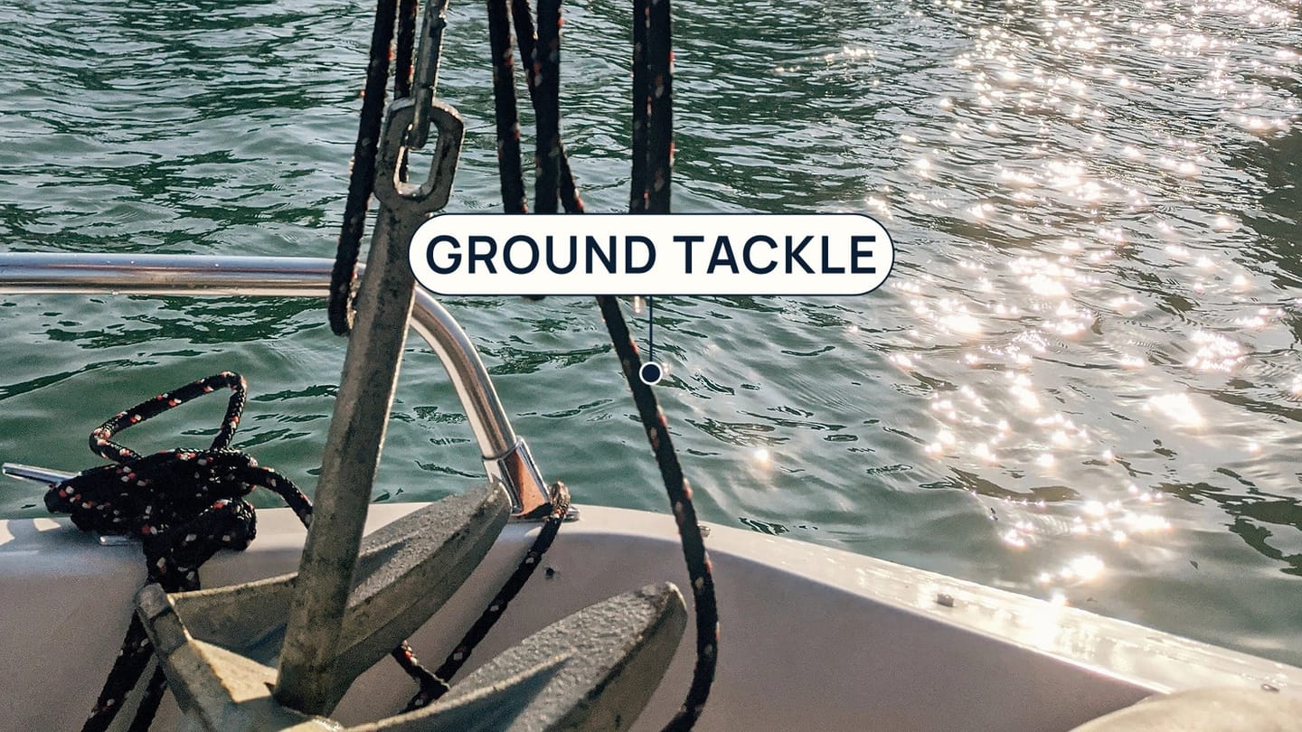 A person holds an anchor and line above the water, with a ground tackle callout.