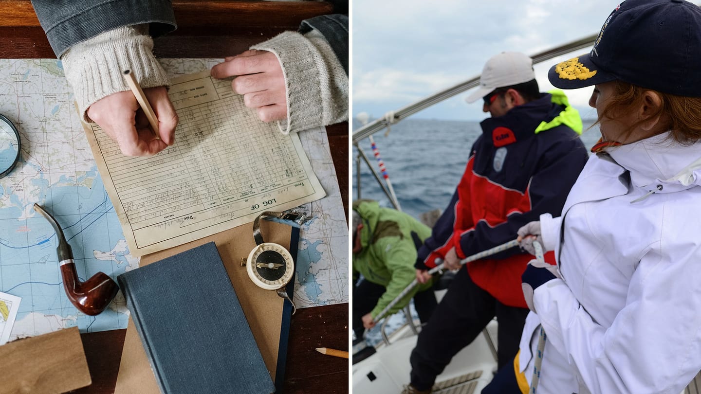 A nautical record on charts beside sailors working aboard a yacht