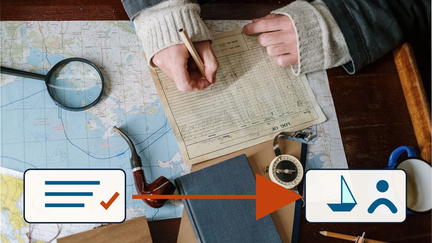 Hands write in a nautical record beside charts, with an arrow pointing to a boat-and-person symbol