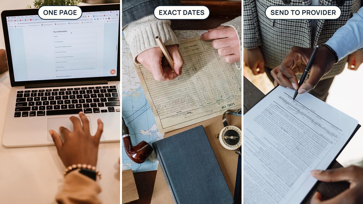 Panels labelled ONE PAGE, EXACT DATES, and SEND TO PROVIDER show an online form, a nautical record, and a signed document