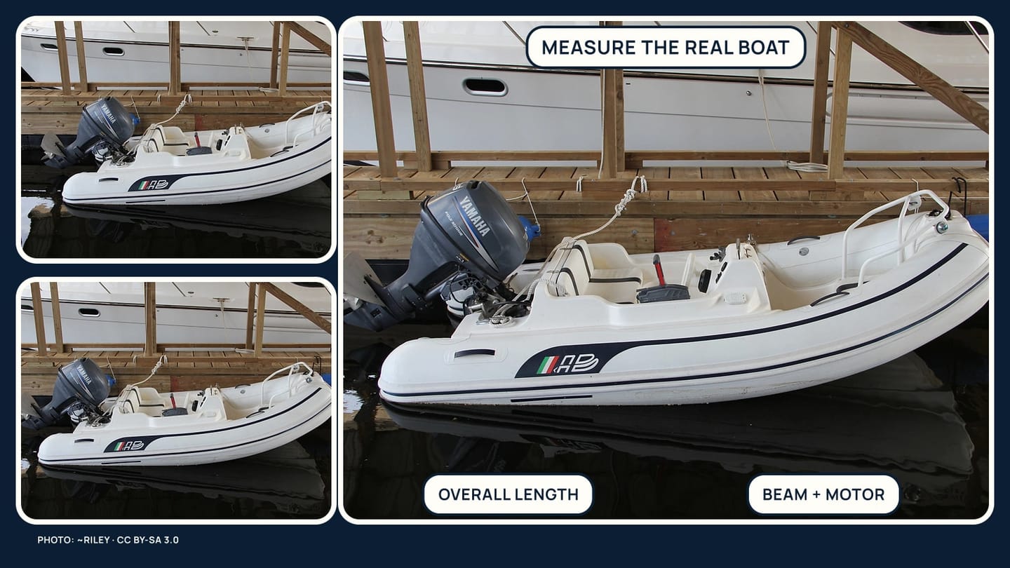 Wide and close photographic views of a real rigid inflatable dinghy on a dock