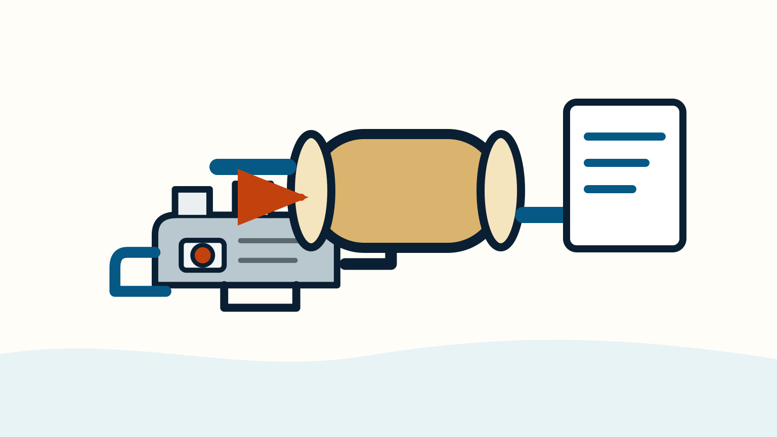 A brass heat exchanger, a small grey engine and a lined blue sheet are linked by an orange arrow