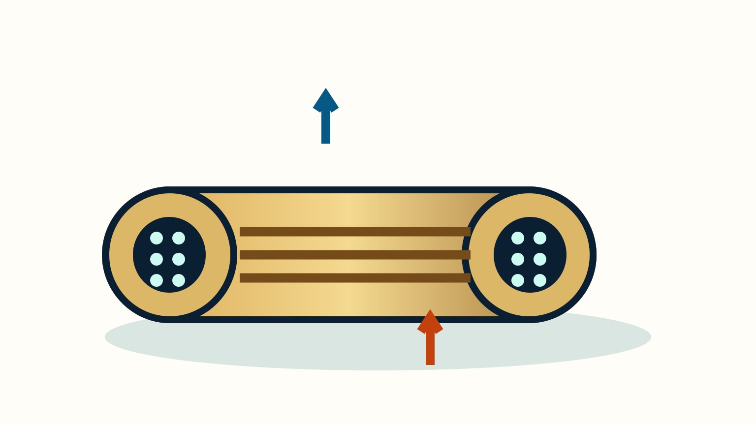 A cutaway brass tube bundle shows tube ends and two directional arrows