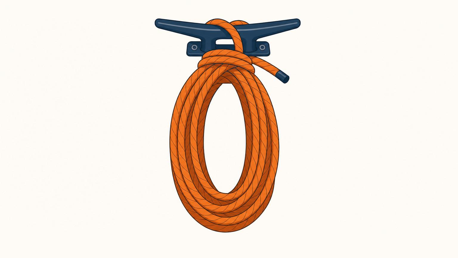 A neatly stowed line with even loops hanging from a cleat and its free end ready at the top