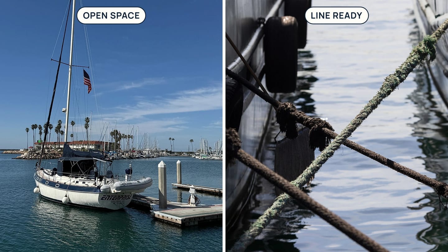 A docked sailboat appears beside dockside ropes, with callouts for berth space and a ready line.