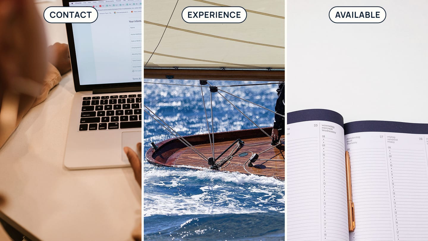 An online form, yacht crew, and weekly planner labelled Contact, Experience, and Available