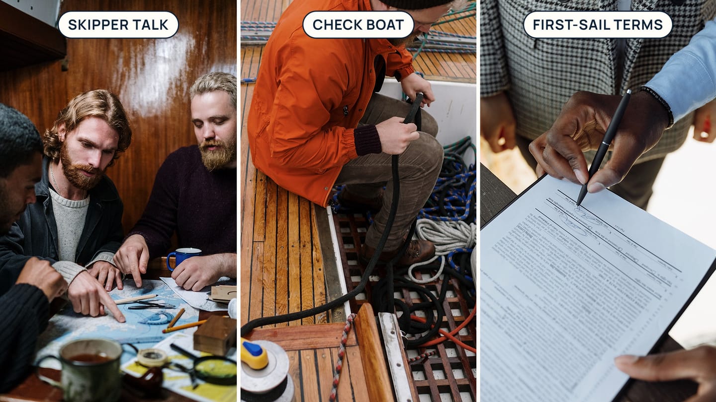A chart discussion, a sailor checking lines in a cockpit locker, and a signed form labelled Skipper Talk, Check Boat, and First-Sail Terms