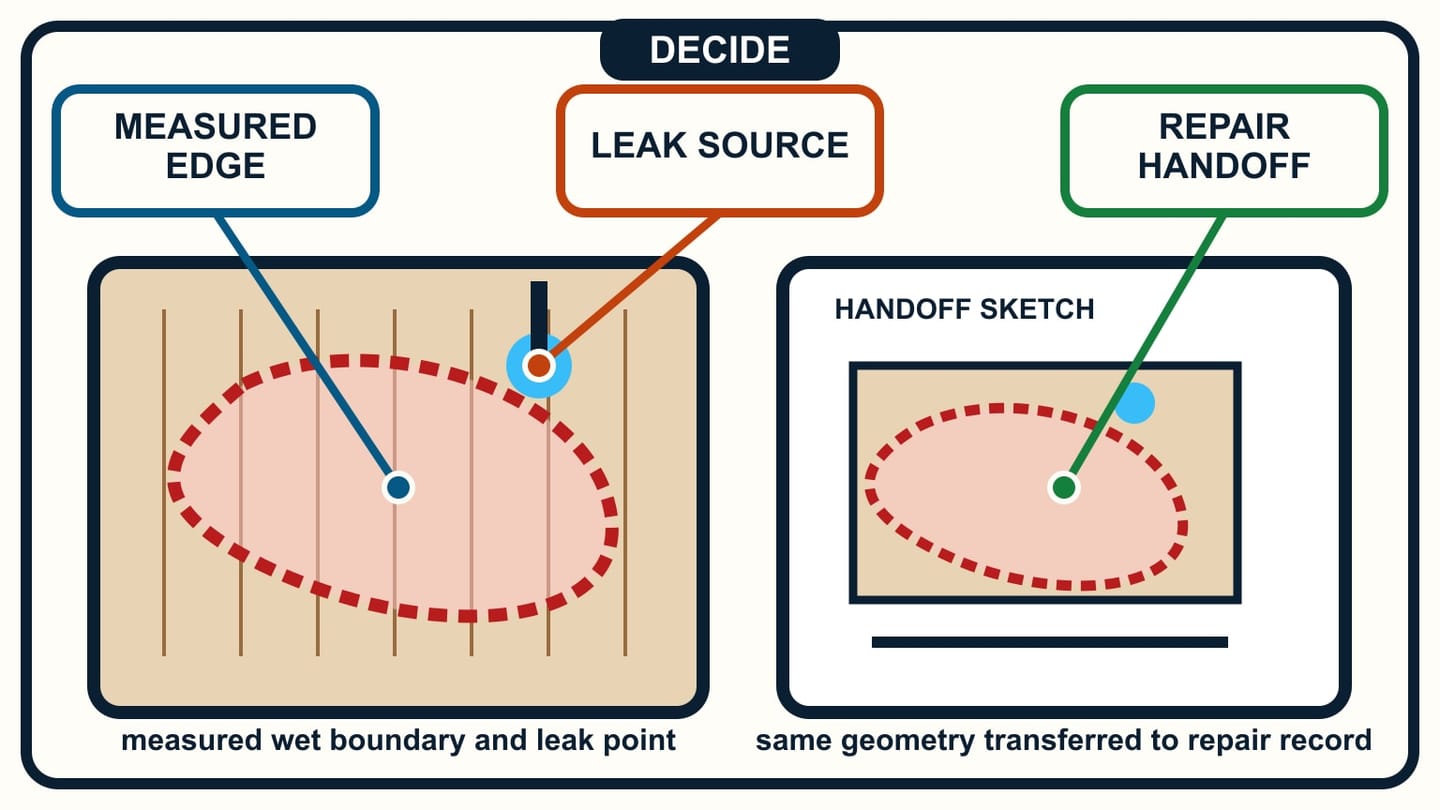 A repair sheet repeats the deck grid, irregular wet boundary, and blue leak point from the measured deck.