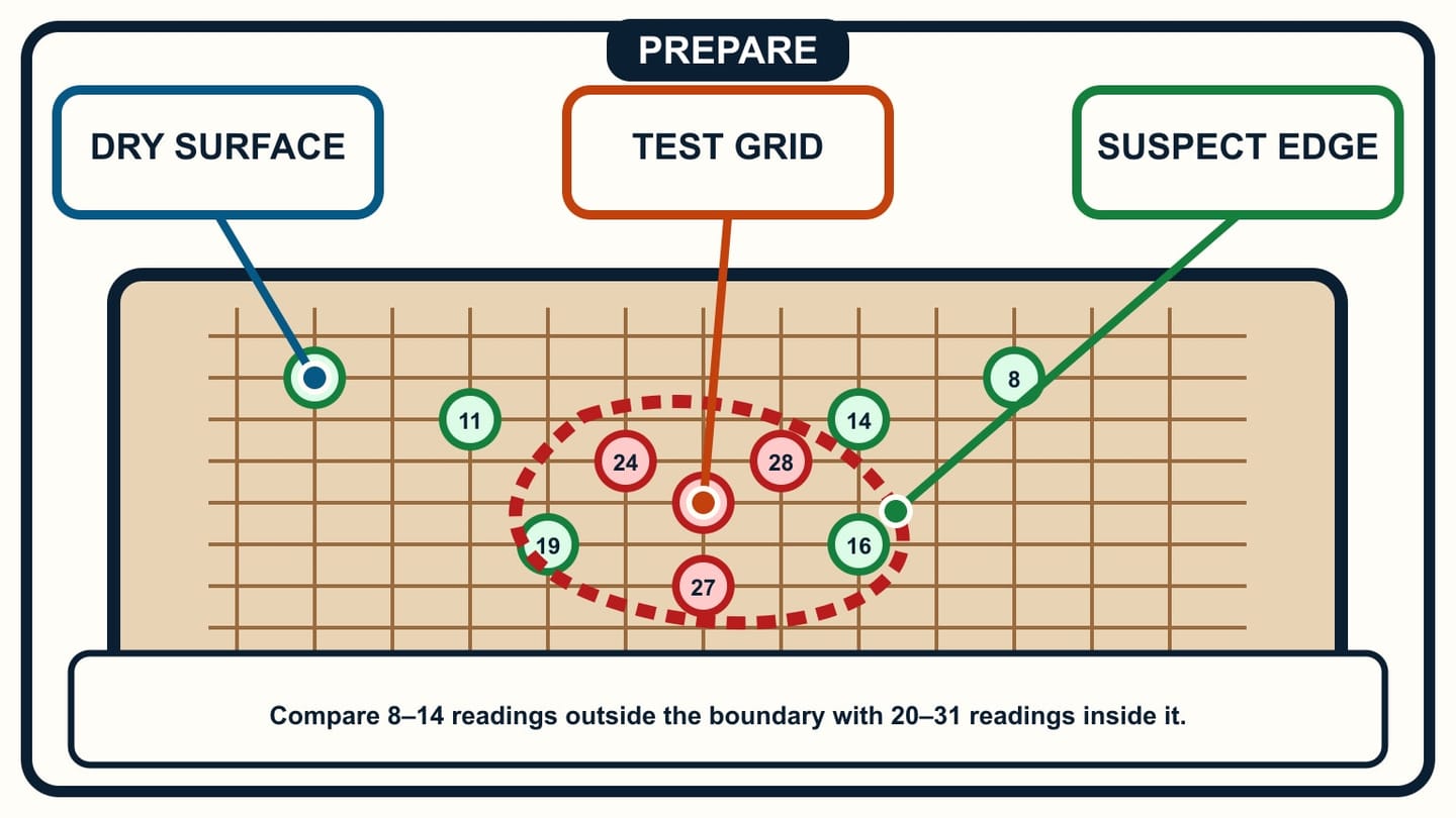 Numbered grid readings rise from 8–14 outside an irregular boundary to 20–31 inside it.
