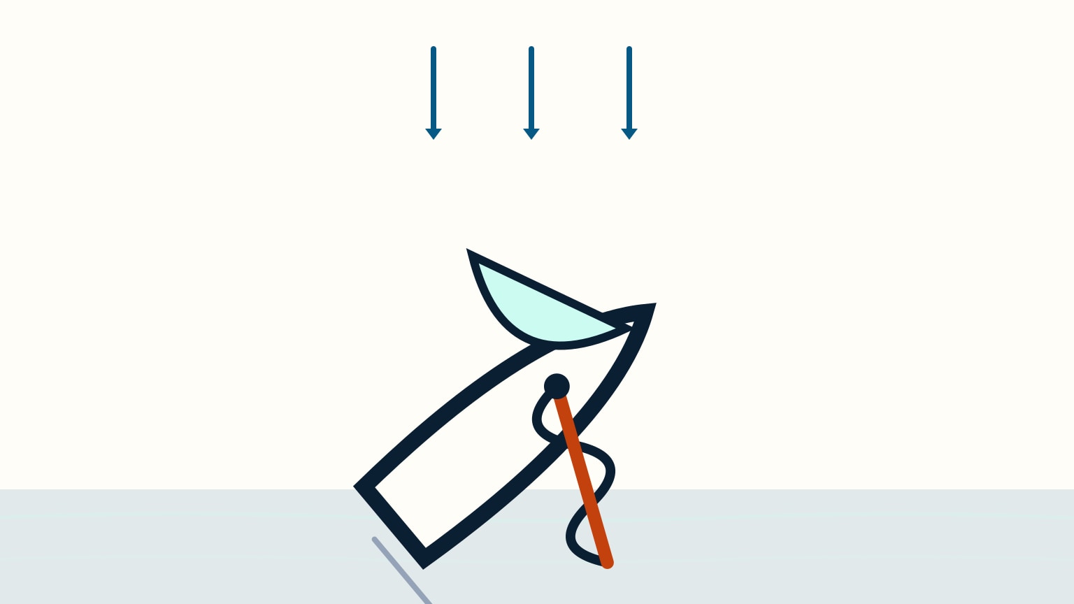 A sailboat lying hove-to in open water: its jib is backed and pressed against the windward shrouds, the mainsail hangs eased and loose, and the tiller is lashed to leeward while calm water spreads out to windward