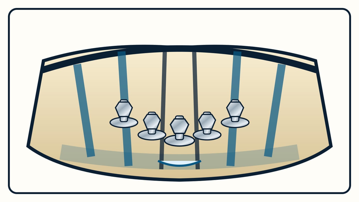 A hull-interior cutaway shows five keel-bolt nuts and washers between transverse floors around a central bilge channel.