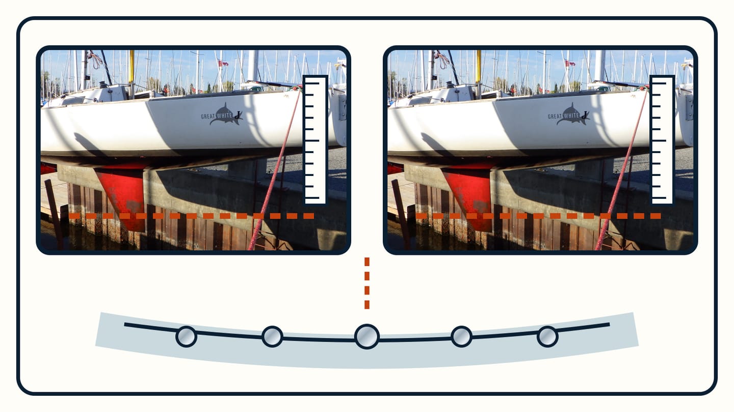 Two matching inspection photographs each have a ruler beside the same keel seam, above a five-position bolt-row plan.