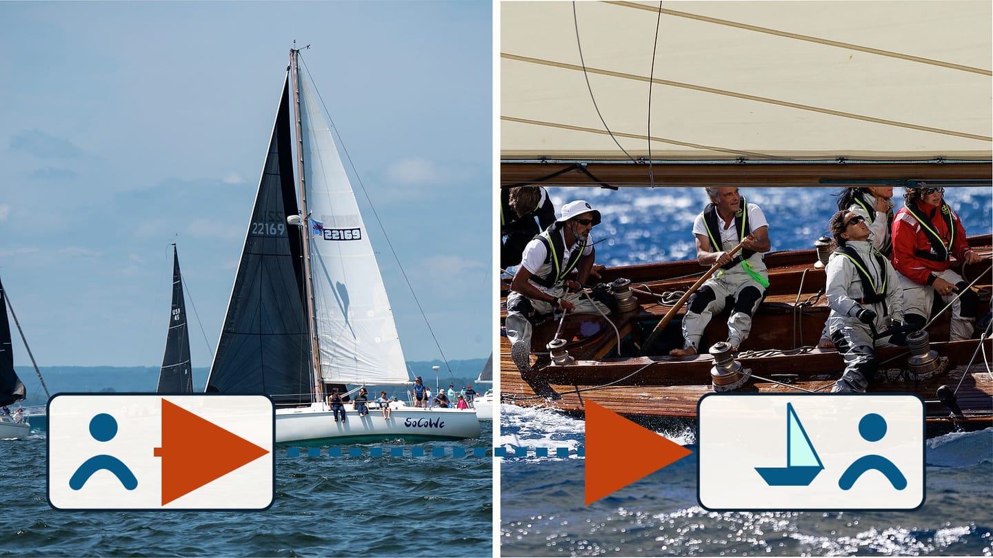 Racing sailboats underway beside an active crew working on a yacht