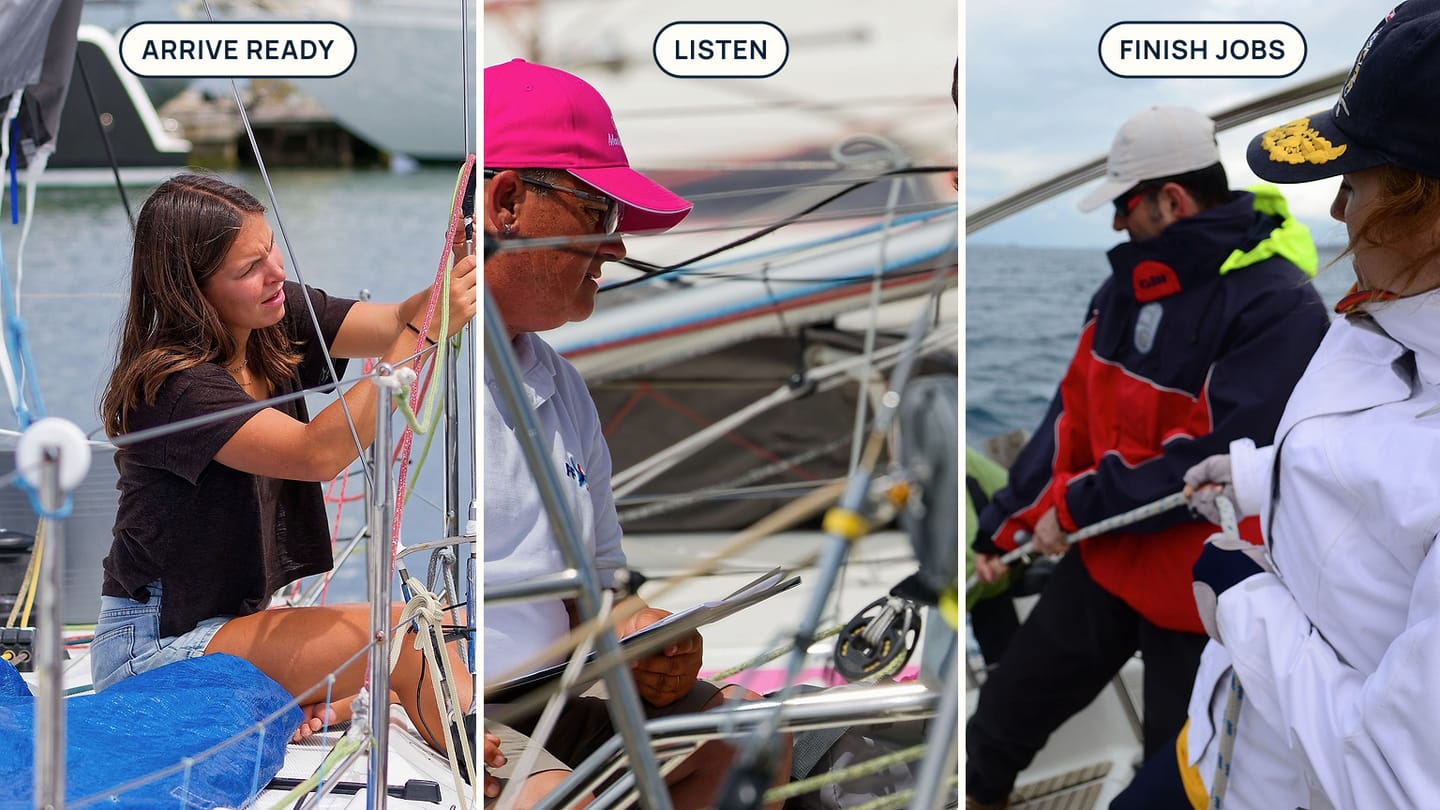 Panels labelled ARRIVE READY, LISTEN, and FINISH JOBS show a sailor working at the dock and crew members aboard two yachts