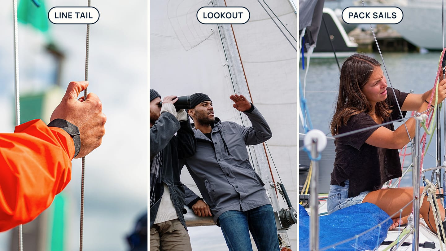 Panels labelled LINE TAIL, LOOKOUT, and PACK SAILS show a hand on a line, two sailors scanning ahead, and a sailor handling a sail at the dock