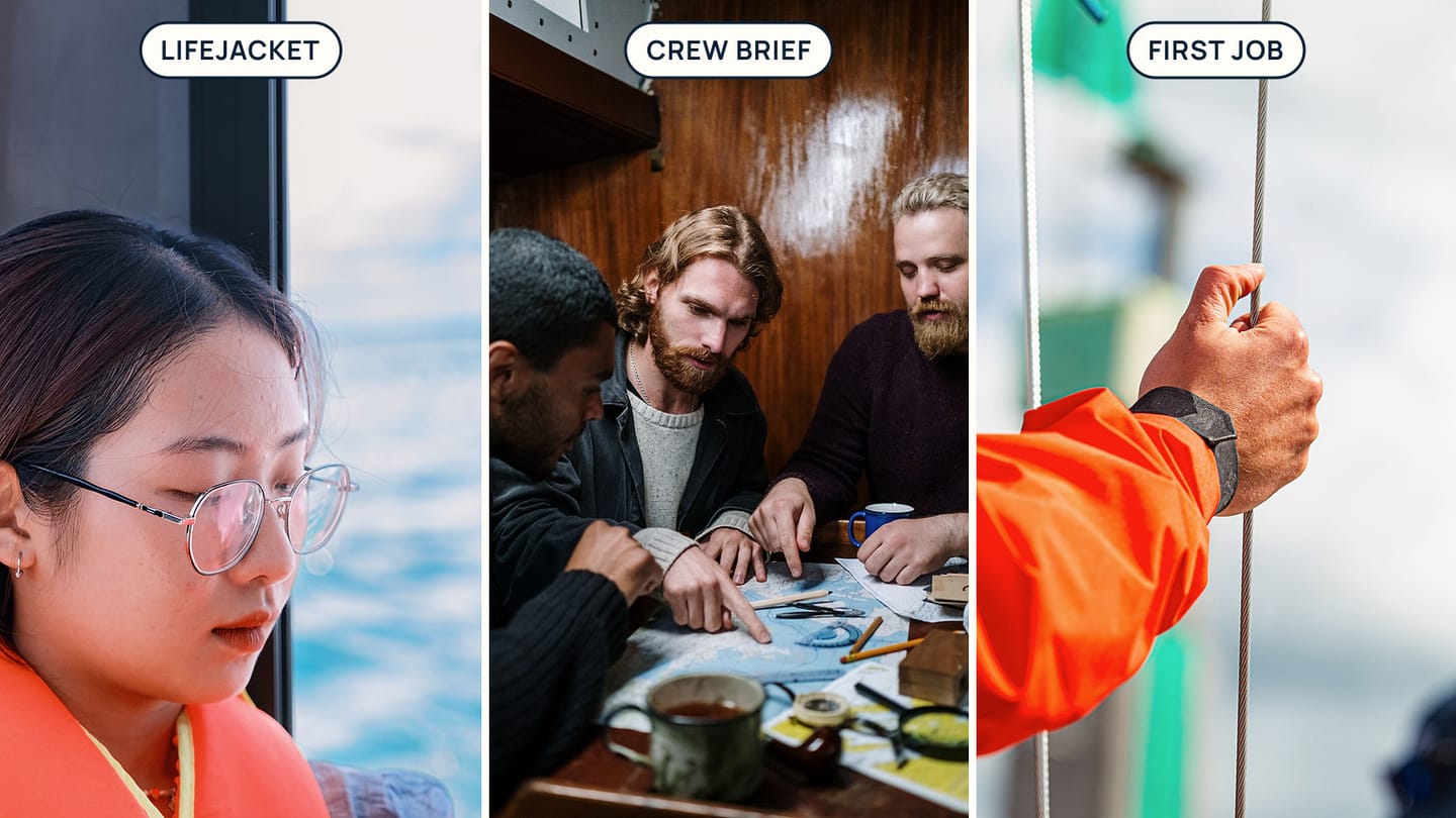 Panels labelled LIFEJACKET, CREW BRIEF, and FIRST JOB show a sailor in a lifejacket, a chart discussion, and a hand on a line