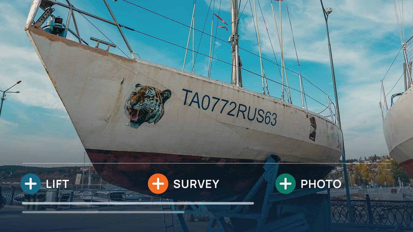 A sailboat ashore is paired with lift access, survey access and documented observations