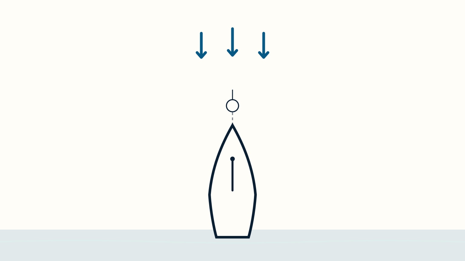 Overhead view of a sailboat, bare mast and no sails, motoring dead slow toward a mooring buoy, with wind arrows above it and a dashed line running from its bow to the buoy