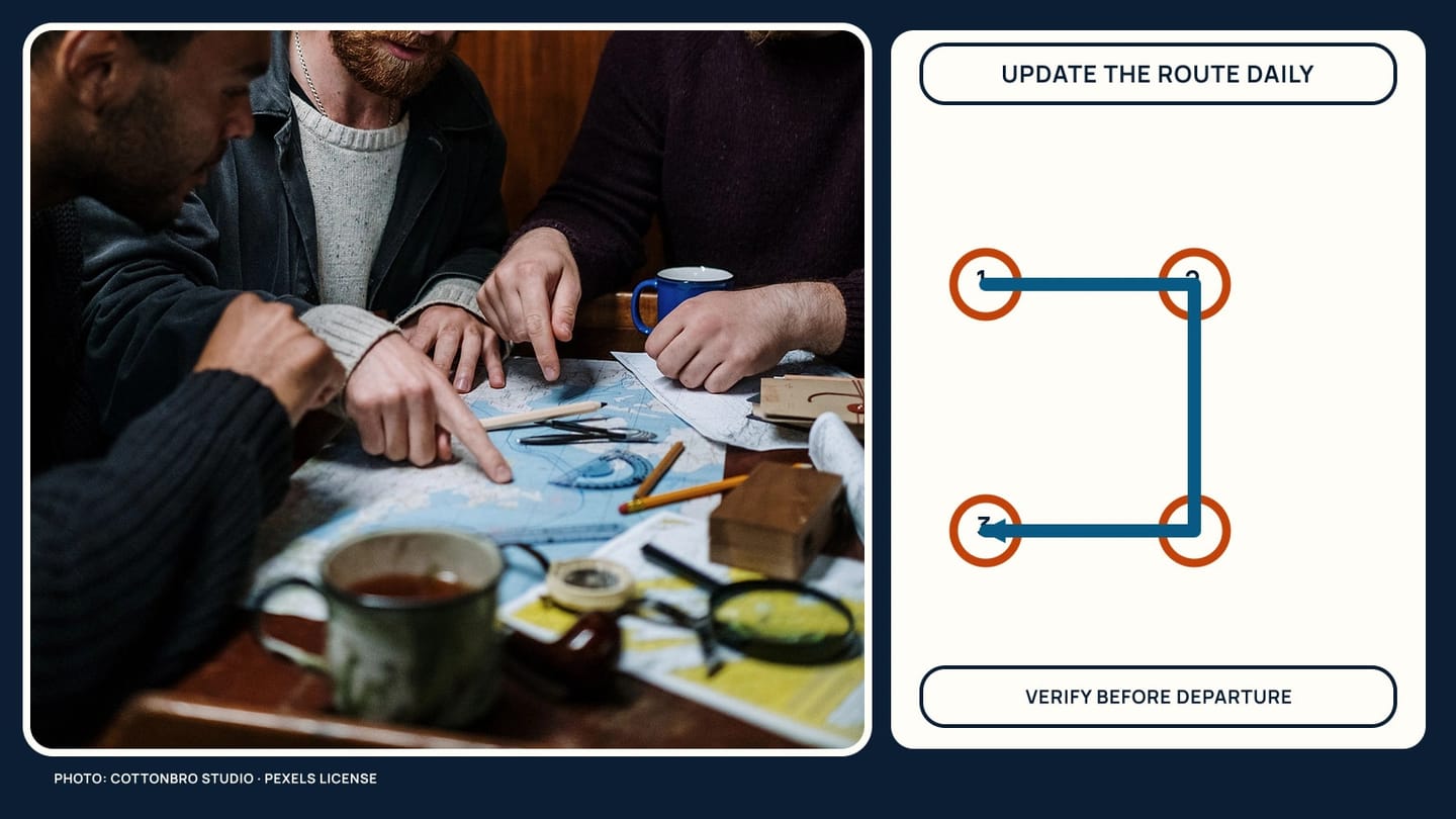 A chart-planning photograph beside four numbered points joined in a square route