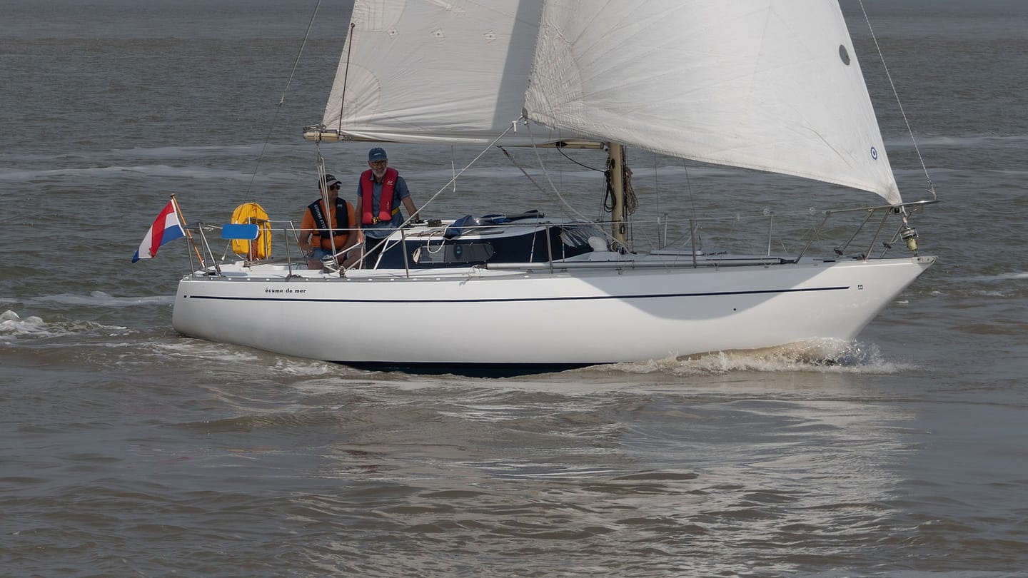 A sailing yacht runs across open water with its mainsail set to one side.