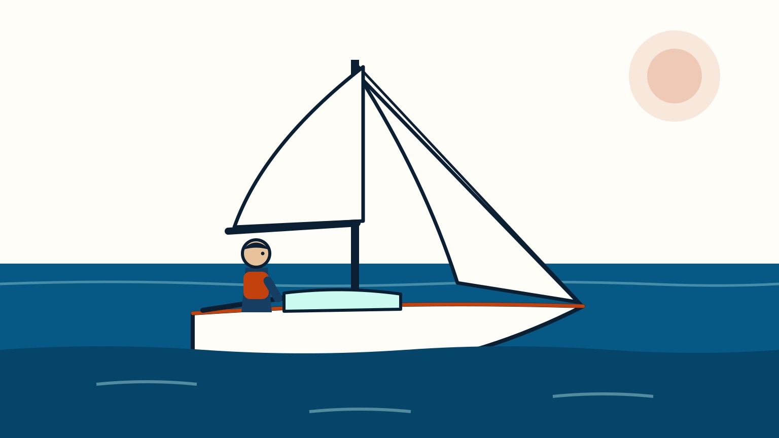 A sailor at the helm of a small sloop looks forward at a distant horizon on calm open water.