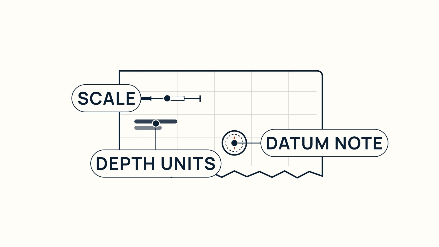 Close-up of a nautical chart's title block corner, with its printed scale bar, depth-unit line, and datum stamp each called out