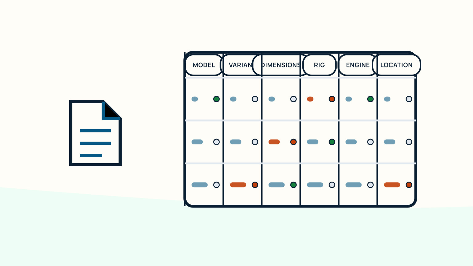Document beside an identity table with model, variant, dimensions, rig, engine, and location