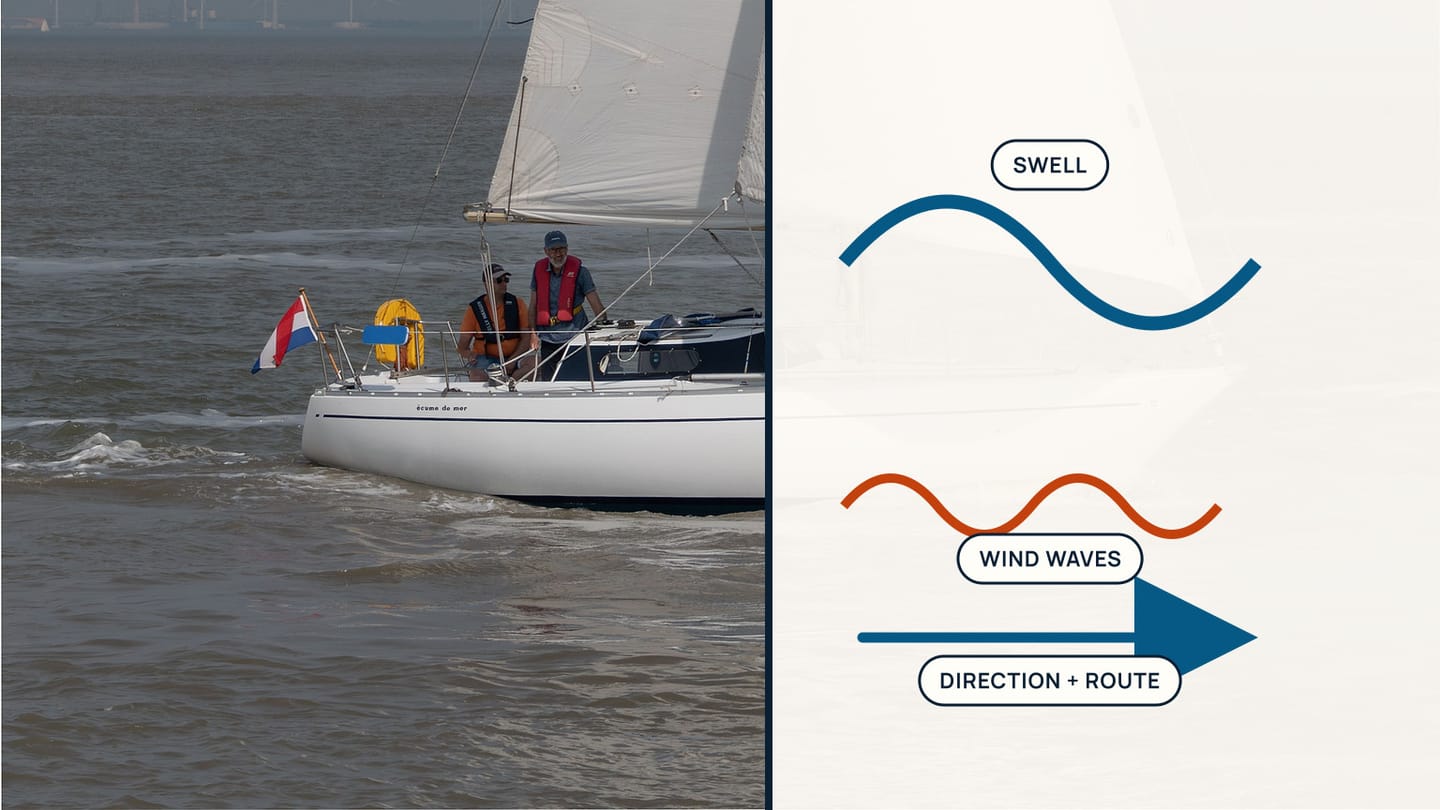Sailing yacht photograph beside separate long-swell and short-wind-wave traces with a direction arrow.