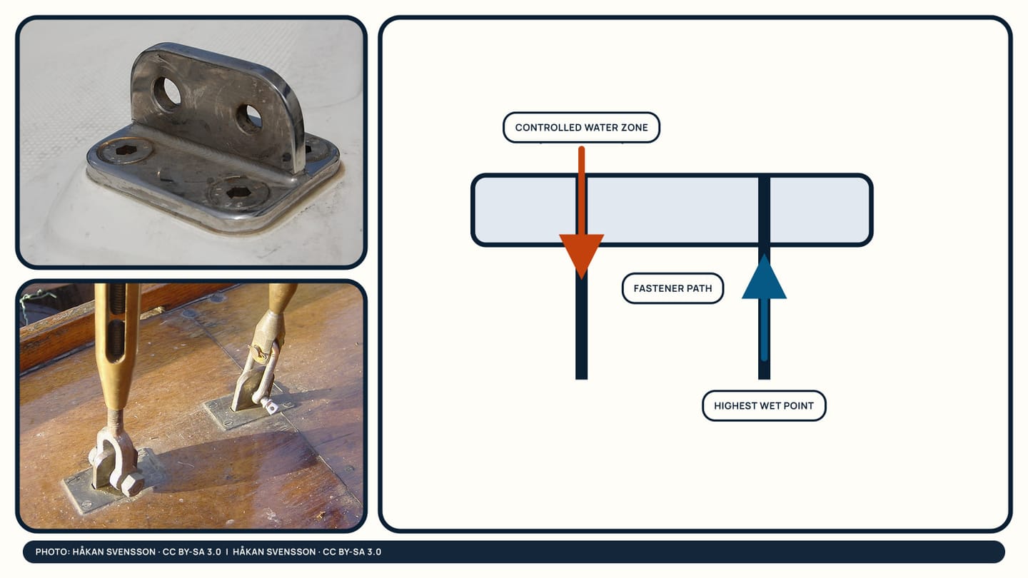 Above-deck and below-deck chainplate photographs beside controlled-water, fastener-path, and highest-wet-point arrows