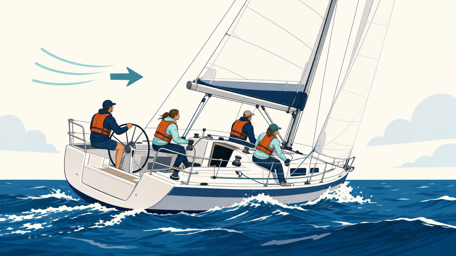 Cruising sailboat under a reefed mainsail as an organized crew prepares for stronger wind