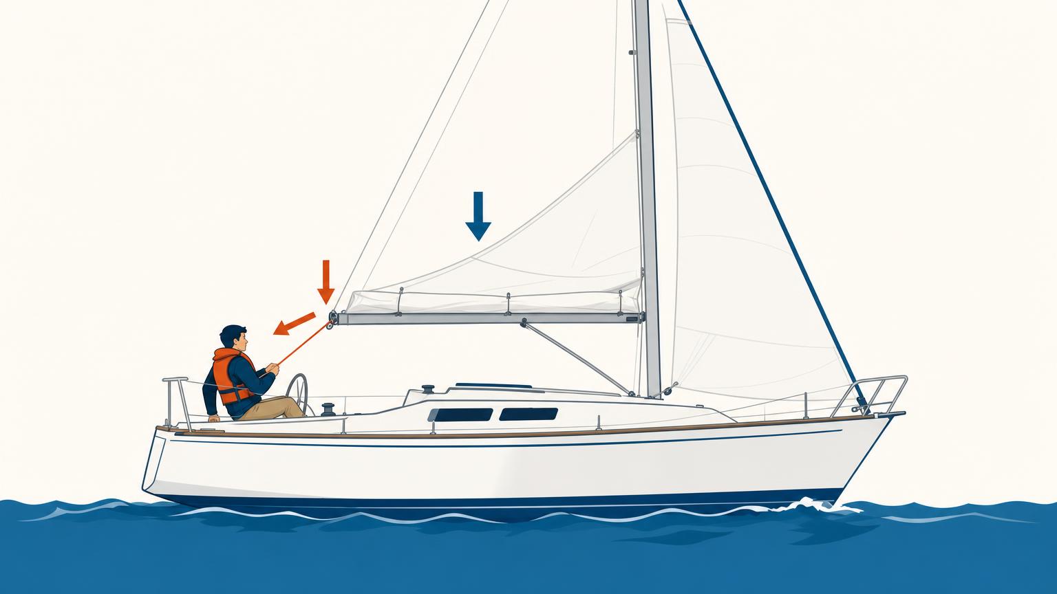 A mainsail being lowered and secured at its reef tack while the reef line pulls the new clew down and aft