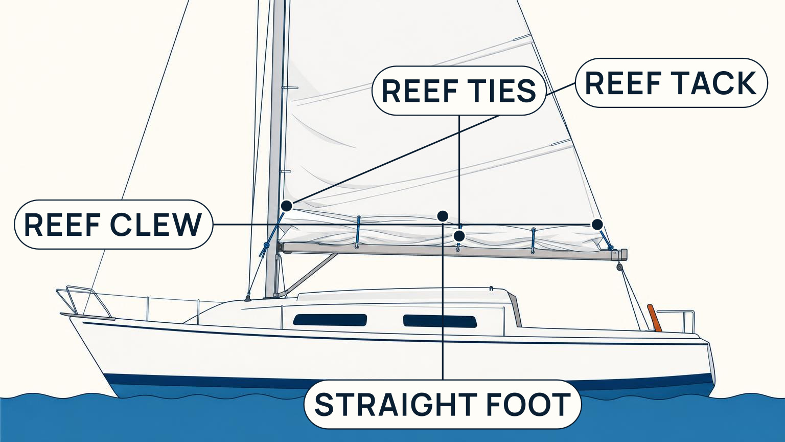 Close view of a flat reefed mainsail with load at the reef tack and reef clew and loose sail gathered above the boom
