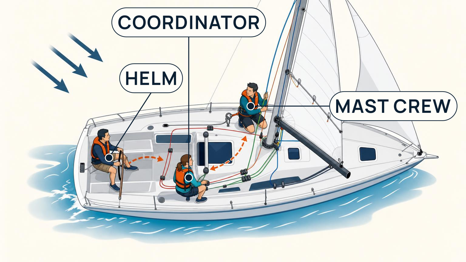 Overhead view showing the helm, trimmer and mast crew positioned for a supervised reefing manoeuvre